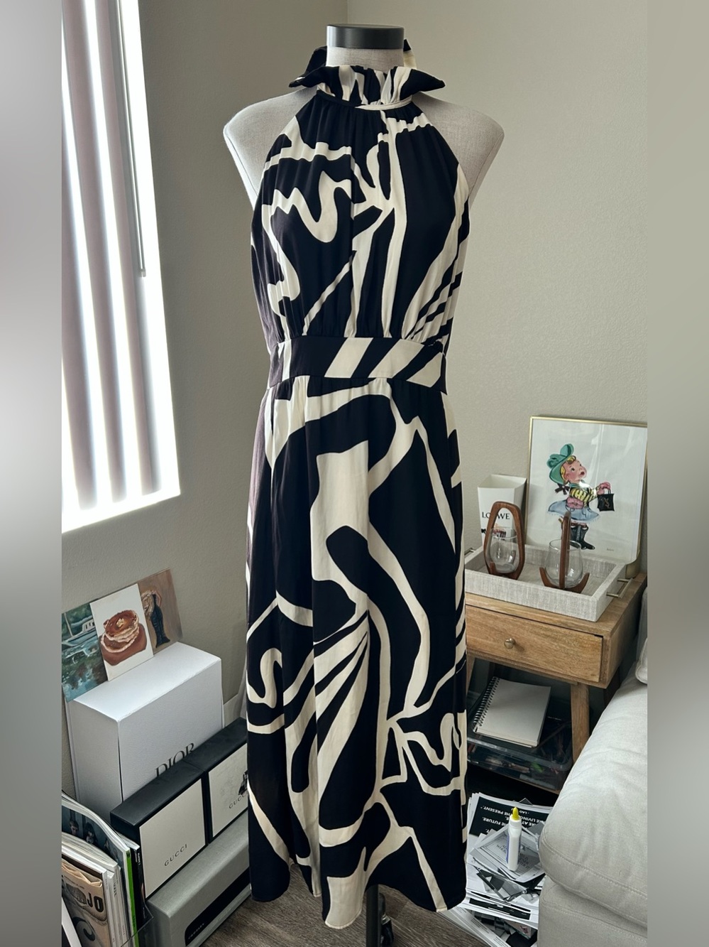 Banana Republic Dress Maxi Neck Tie Black And White Size 10 - Picture 3 of 12